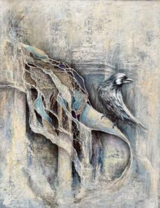 In Untangling the Structure, Danuta Bennett invites us into a world where inner and outer landscapes blend. The textured layers—evoking geological forms and architectural remnants—speak of time, erosion, and resilience. The bird, alert yet calm, perches within this evolving terrain, suggesting moments of reflection amid complexity. Through her signature blend of realism and abstraction, Danuta captures the quiet tension between fragility and strength. This piece is a meditation on unraveling old forms to reveal hidden beauty—emotional, structural, and symbolic.